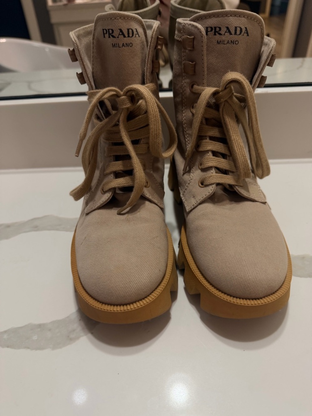 Prada Canvas Combat Boots Beige Lug Sole Lace-Up